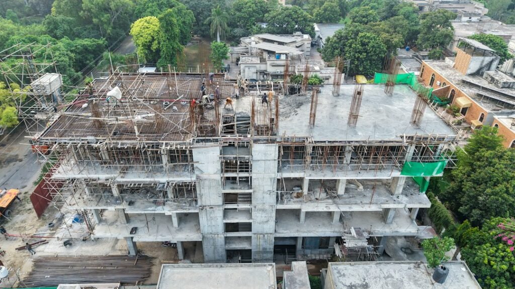 Multi-storey building construction site viewed from above