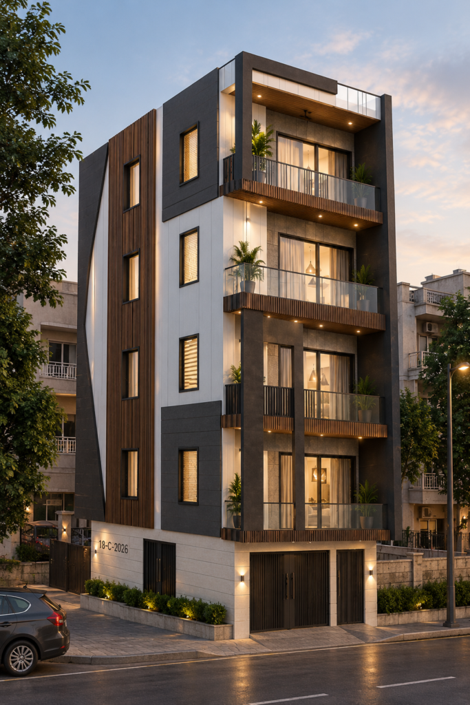 Modern apartment facade at dusk