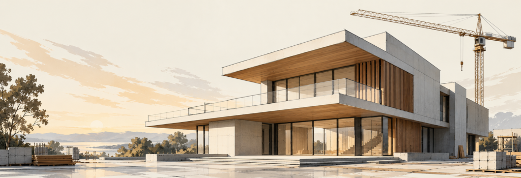 Residential house under construction at sunrise